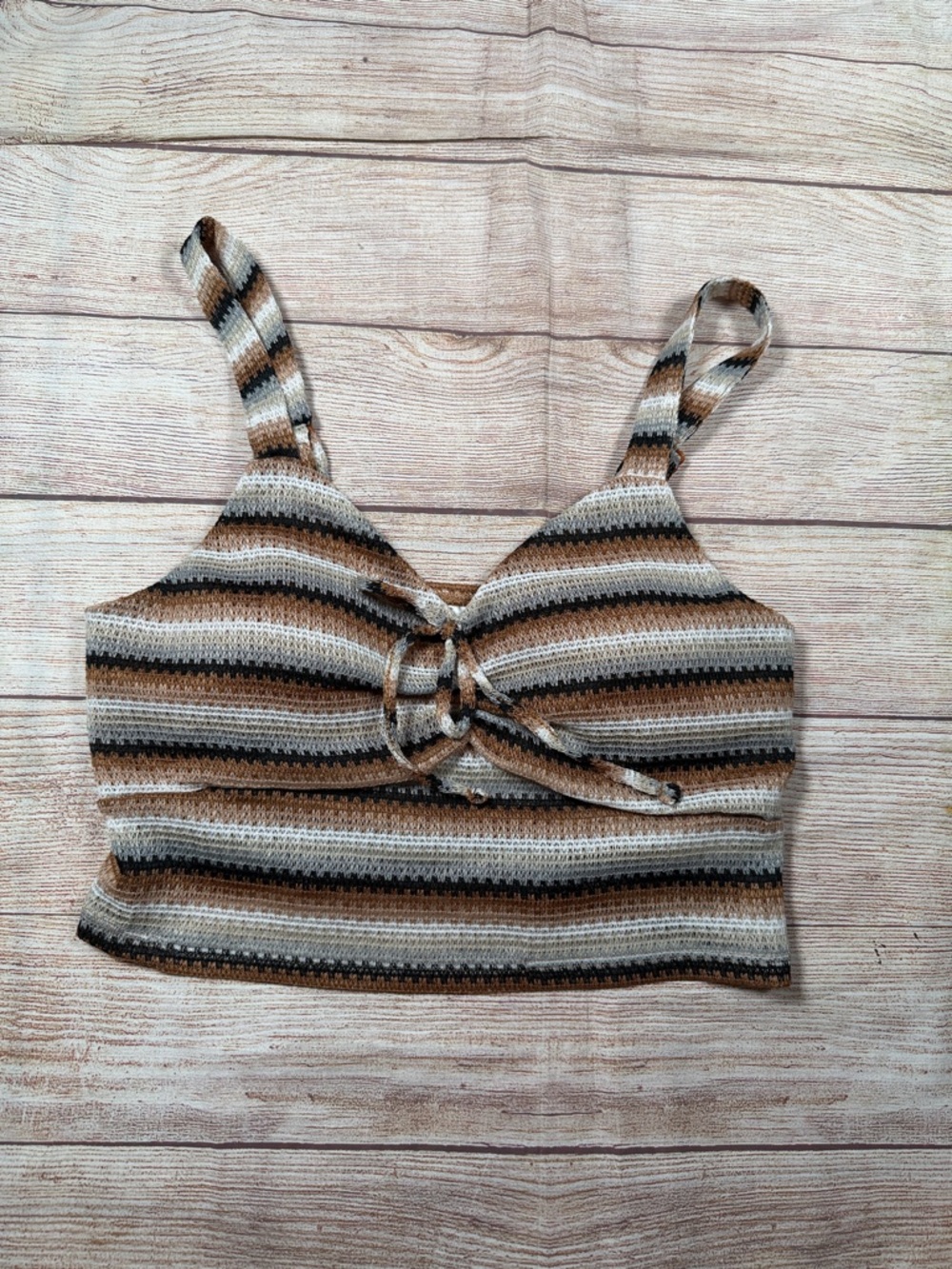 Boho Festival Crochet Striped Tie-Front Crop Tank Top - Brown & Cream‎